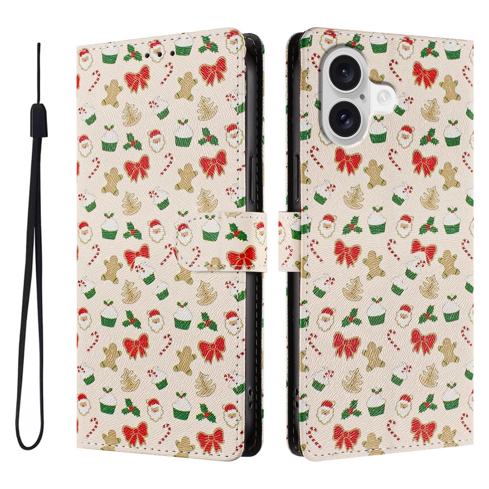 For iPhone 17 Case Christmas Themed Pattern Printing PU Leather Wallet Phone Cover with Wrist Strap