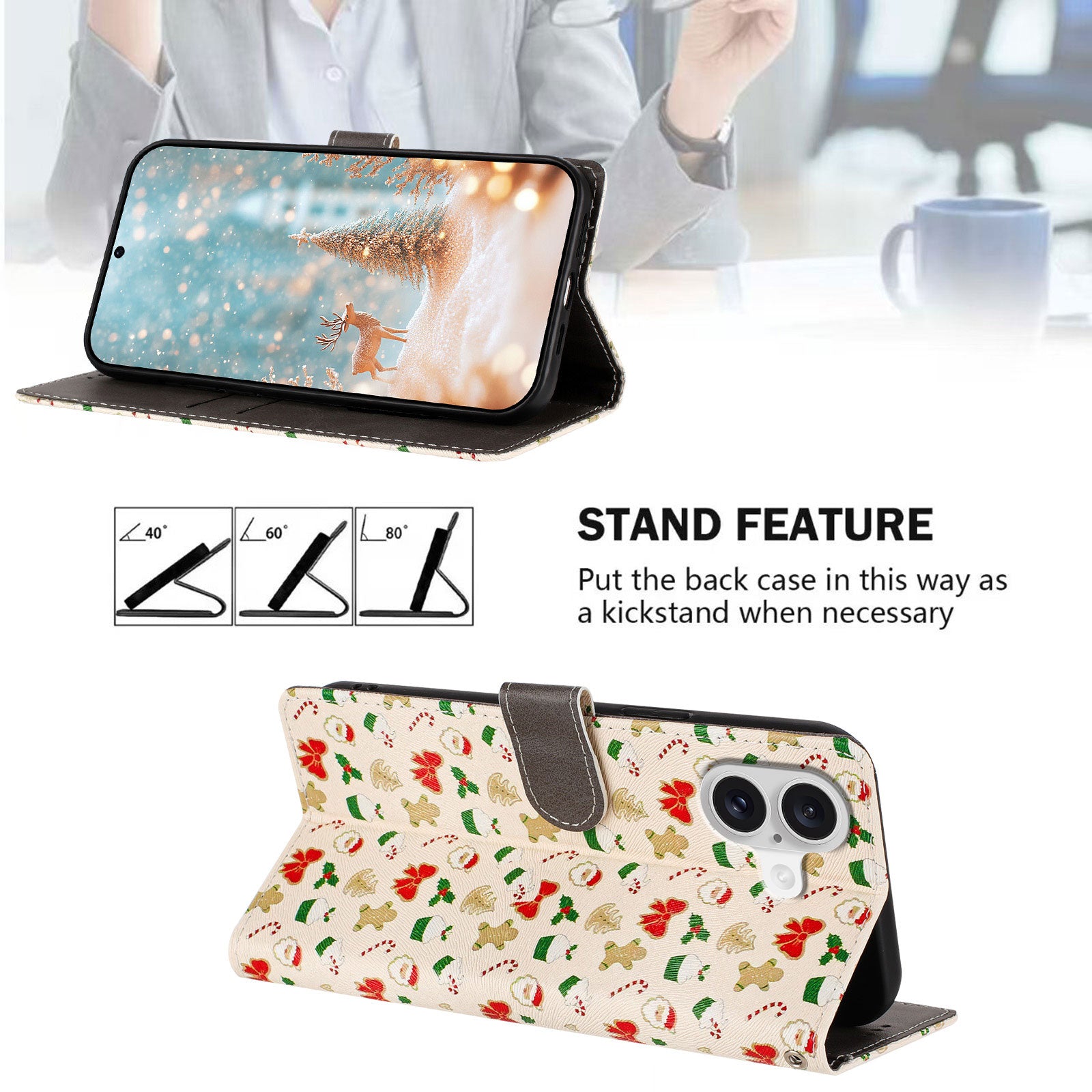 For iPhone 17 Case Christmas Themed Pattern Printing PU Leather Wallet Phone Cover with Wrist Strap