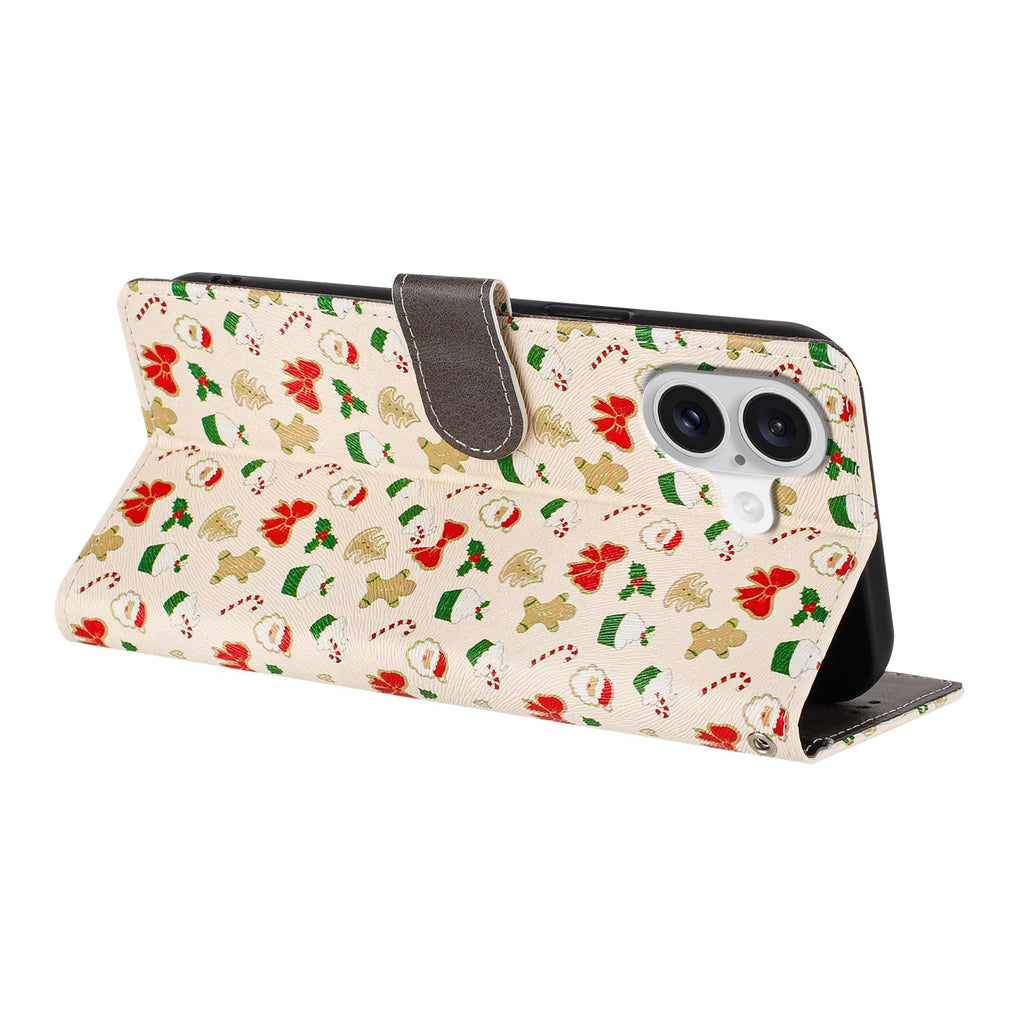 For iPhone 17 Case Christmas Themed Pattern Printing PU Leather Wallet Phone Cover with Wrist Strap