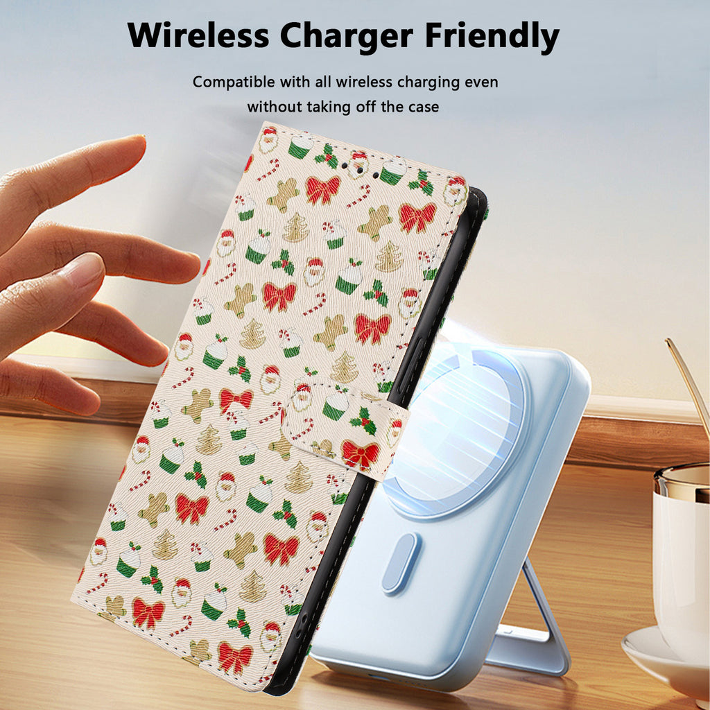 For iPhone 17 Case Christmas Themed Pattern Printing PU Leather Wallet Phone Cover with Wrist Strap