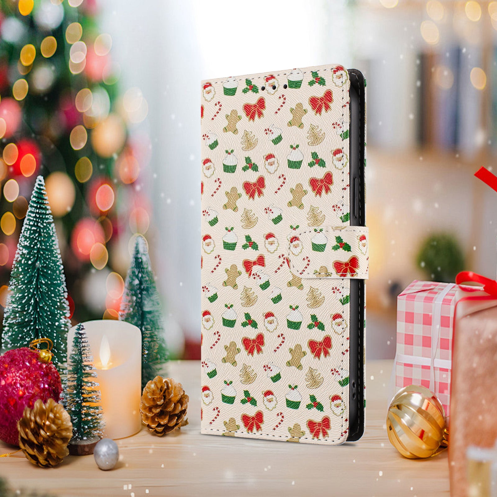 For iPhone 17 Case Christmas Themed Pattern Printing PU Leather Wallet Phone Cover with Wrist Strap