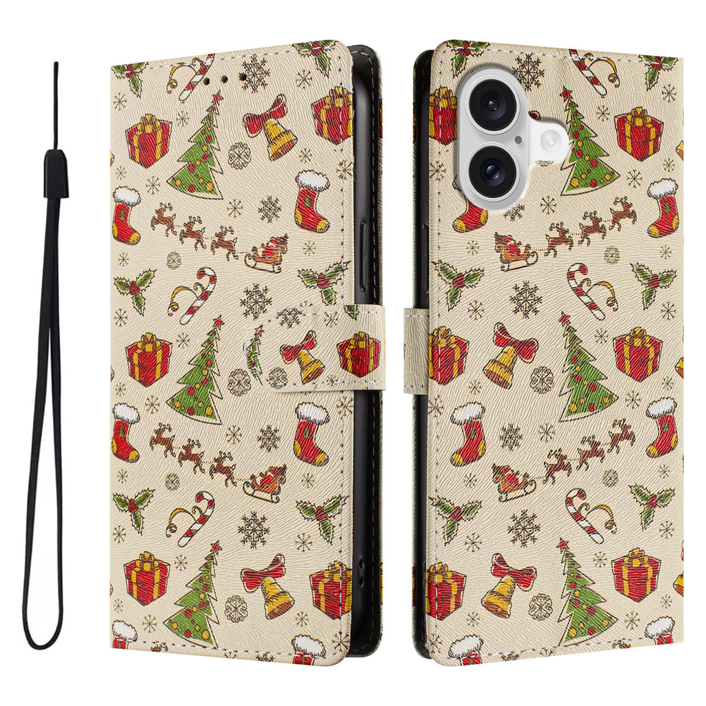 For iPhone 17 Case Christmas Themed Pattern Printing PU Leather Wallet Phone Cover with Wrist Strap