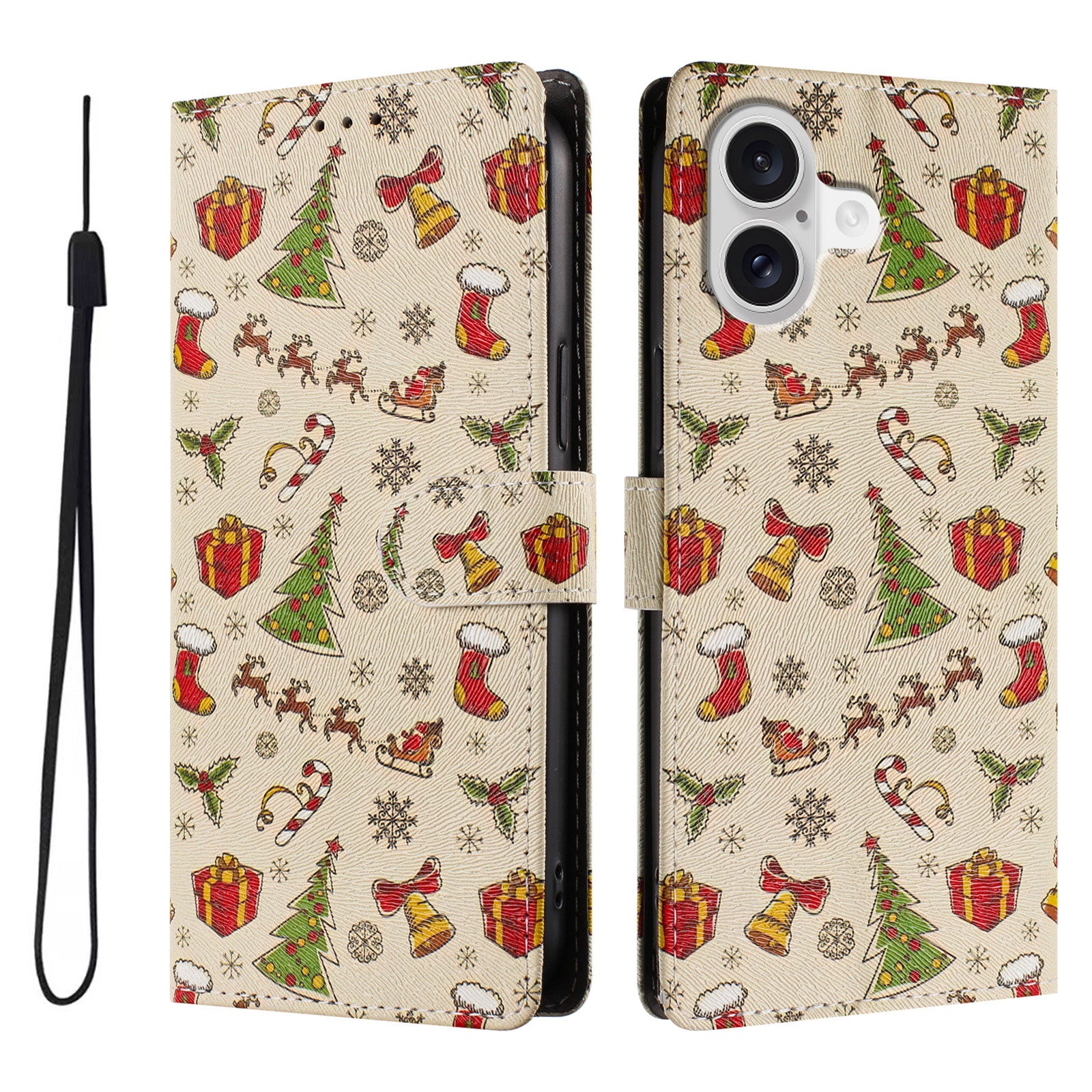 For iPhone 17 Case Christmas Themed Pattern Printing PU Leather Wallet Phone Cover with Wrist Strap