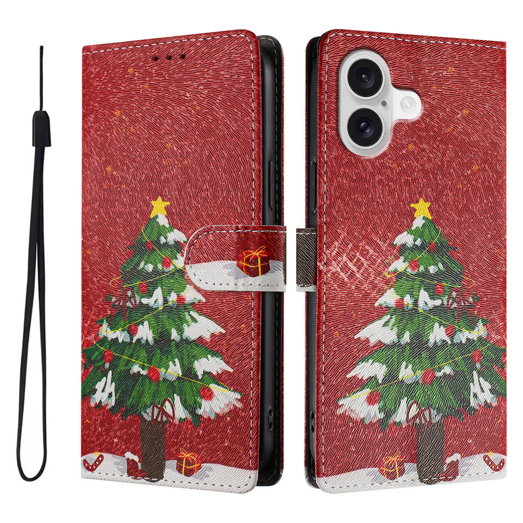 For iPhone 17 Case Christmas Themed Pattern Printing PU Leather Wallet Phone Cover with Wrist Strap