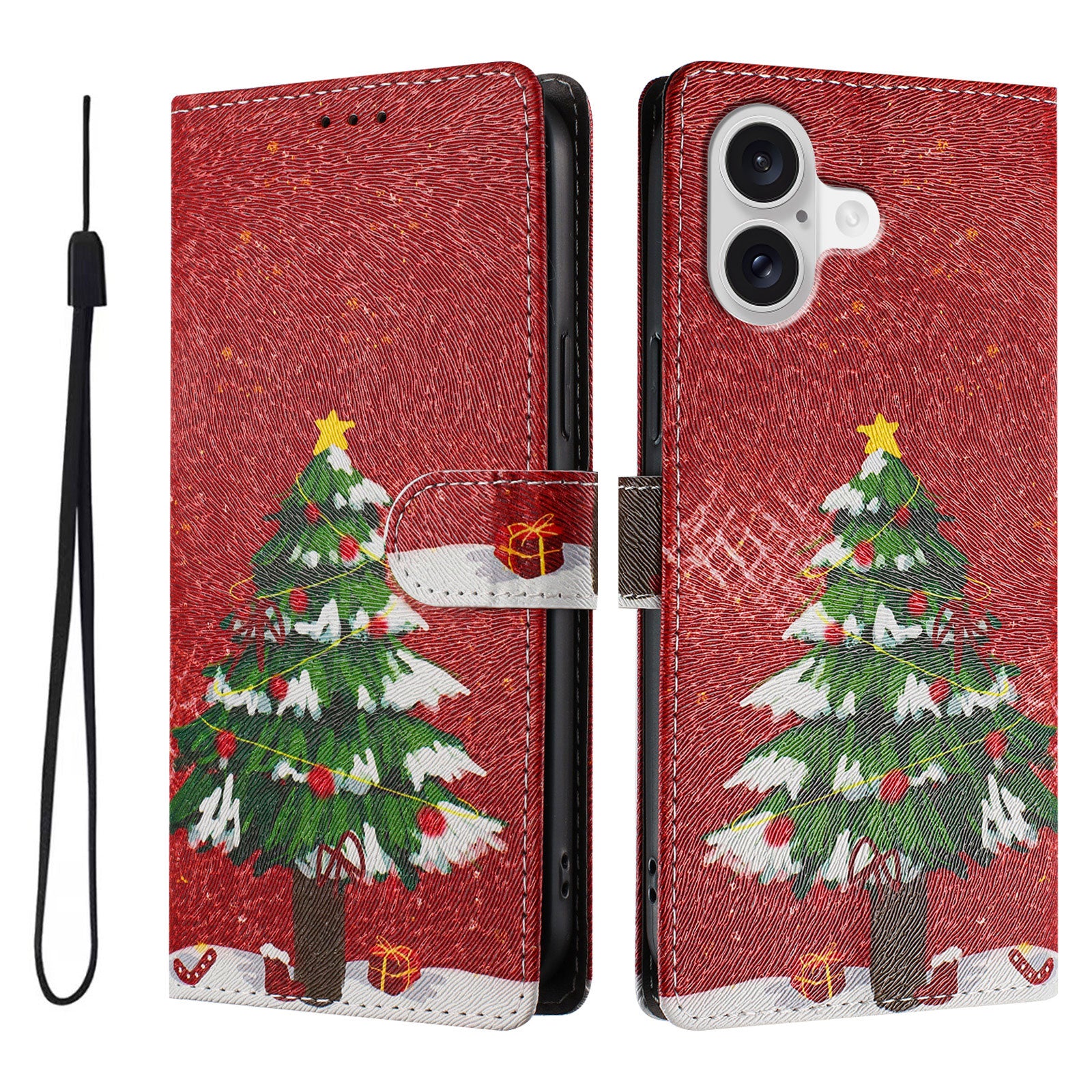 For iPhone 17 Case Christmas Themed Pattern Printing PU Leather Wallet Phone Cover with Wrist Strap