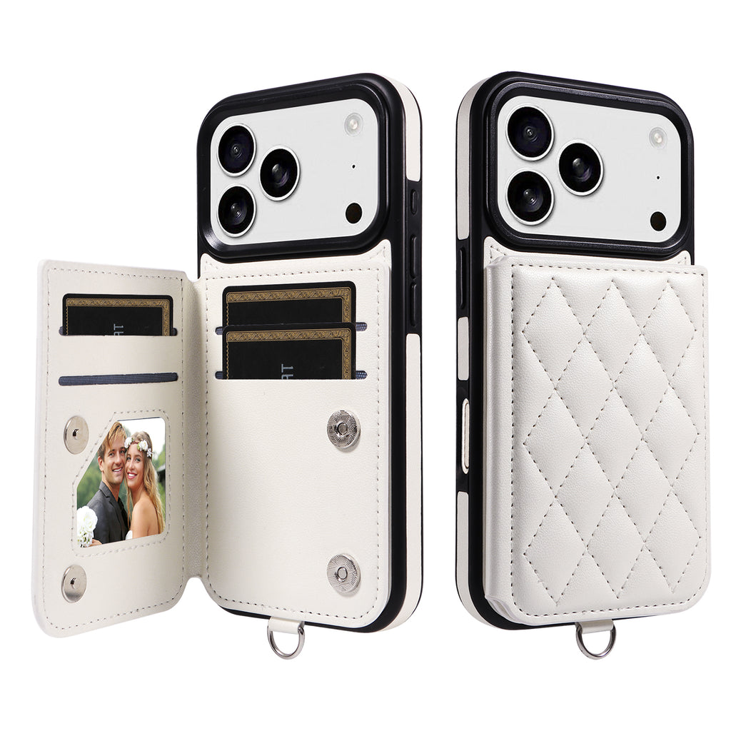 Étui pour iPhone 17 Pro avec pochette porte-cartes, support intégré, coque en TPU revêtue de cuir et dragonne