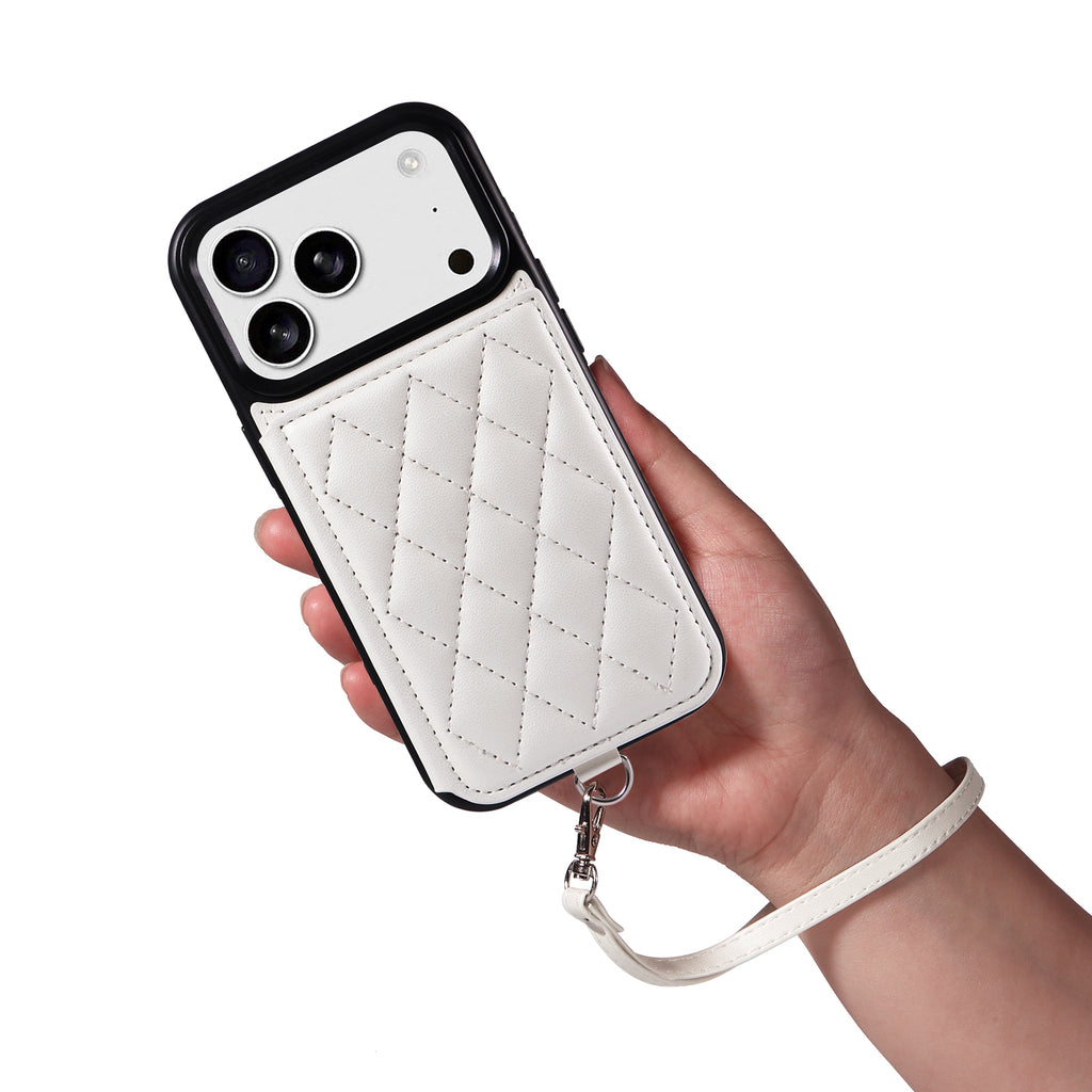 Étui pour iPhone 17 Pro avec pochette porte-cartes, support intégré, coque en TPU revêtue de cuir et dragonne