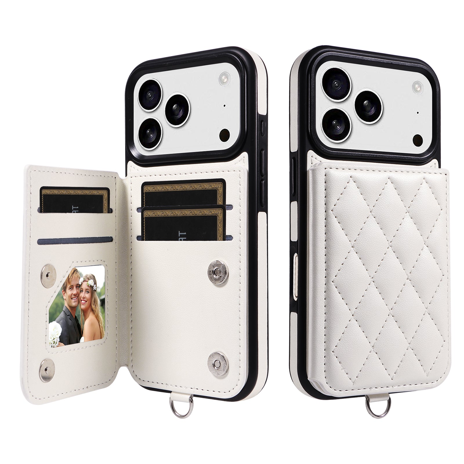 Étui pour iPhone 17 Pro avec pochette porte-cartes, support intégré, coque en TPU revêtue de cuir et dragonne