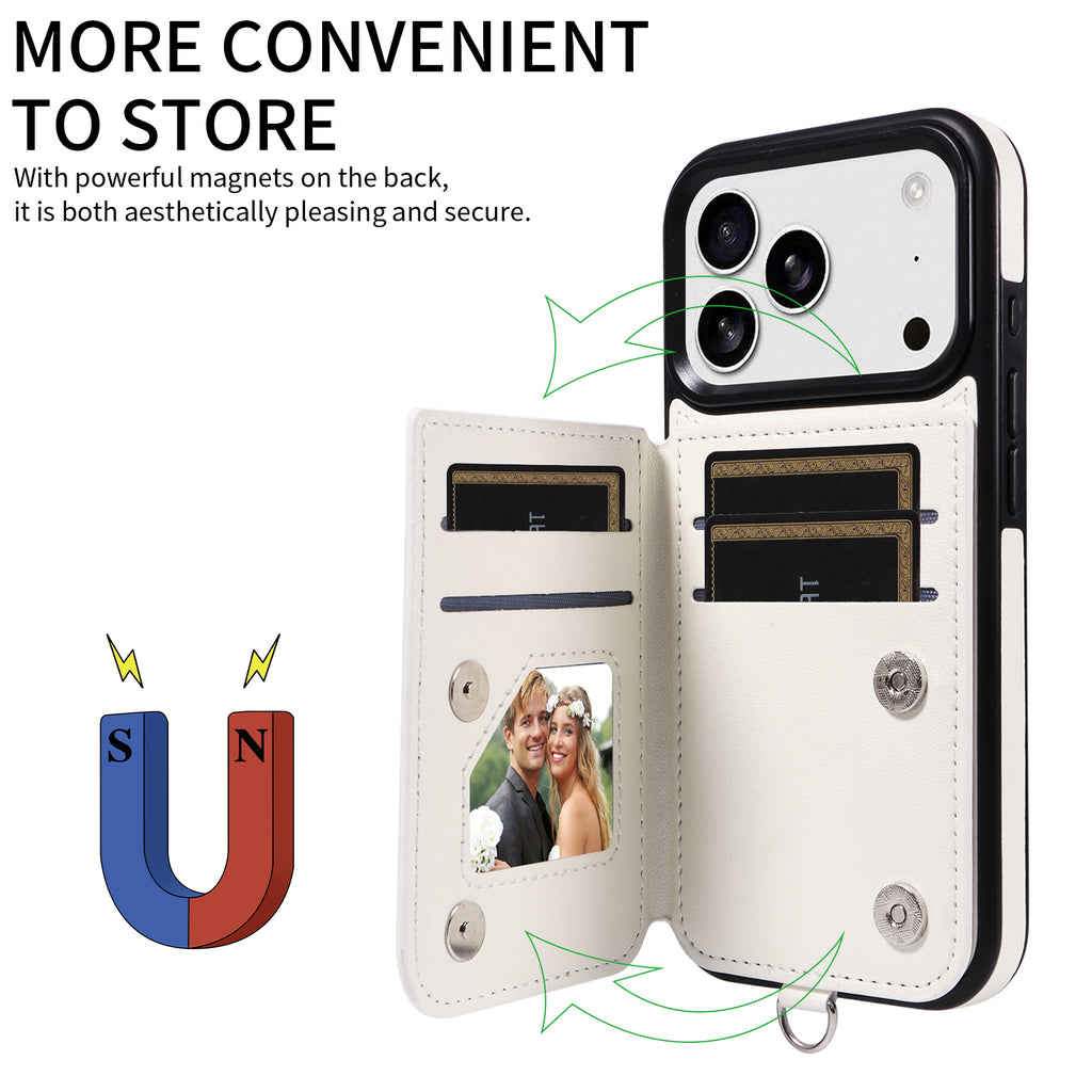 Étui pour iPhone 17 Pro avec pochette porte-cartes, support intégré, coque en TPU revêtue de cuir et dragonne