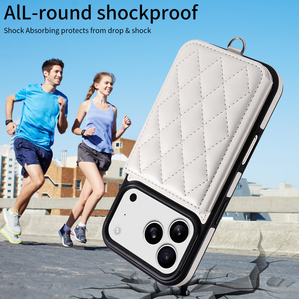 Étui pour iPhone 17 Pro avec pochette porte-cartes, support intégré, coque en TPU revêtue de cuir et dragonne