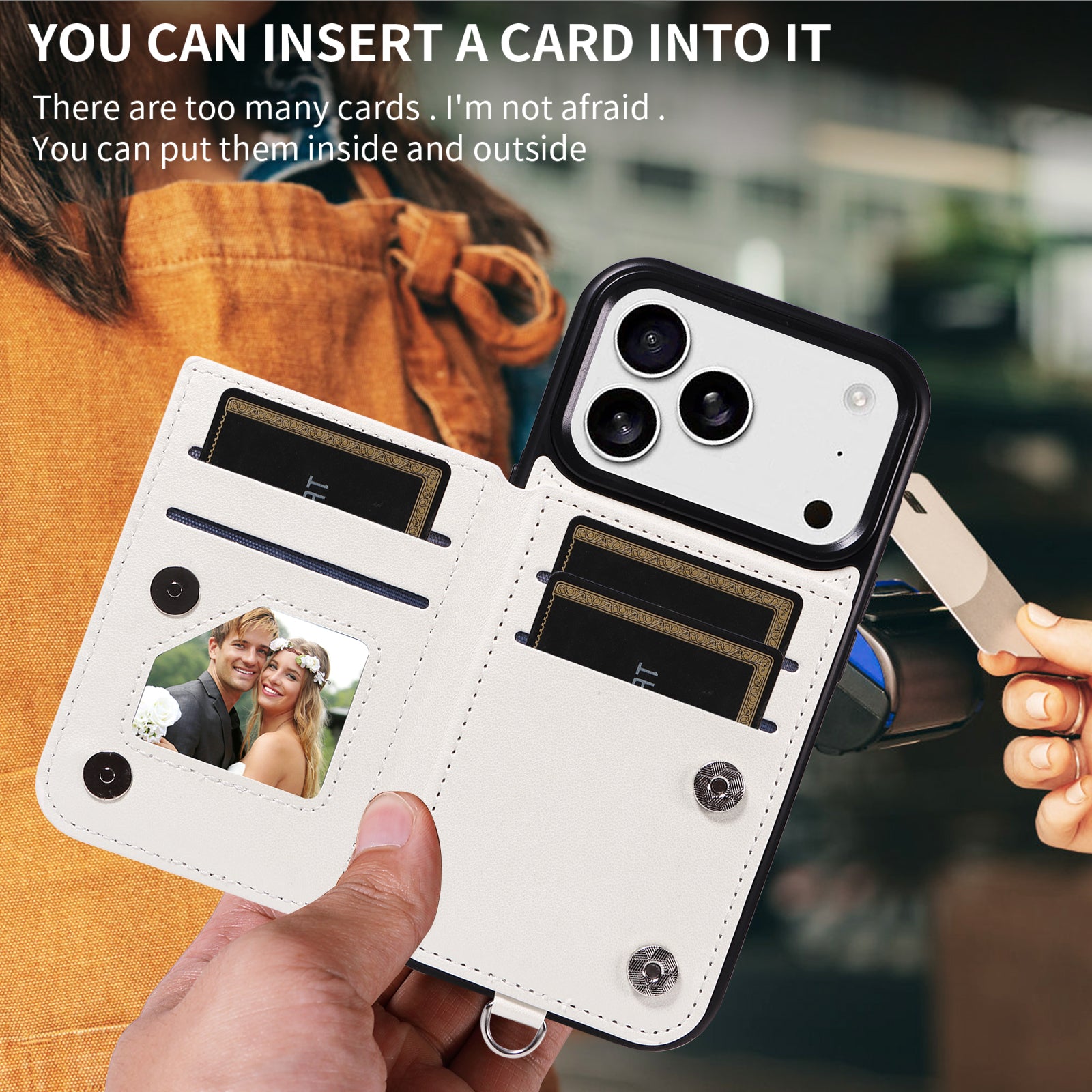 Étui pour iPhone 17 Pro avec pochette porte-cartes, support intégré, coque en TPU revêtue de cuir et dragonne