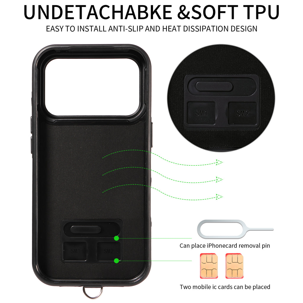 Étui pour iPhone 17 Pro avec pochette porte-cartes, support intégré, coque en TPU revêtue de cuir et dragonne