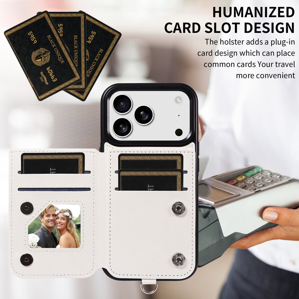 Étui pour iPhone 17 Pro avec pochette porte-cartes, support intégré, coque en TPU revêtue de cuir et dragonne