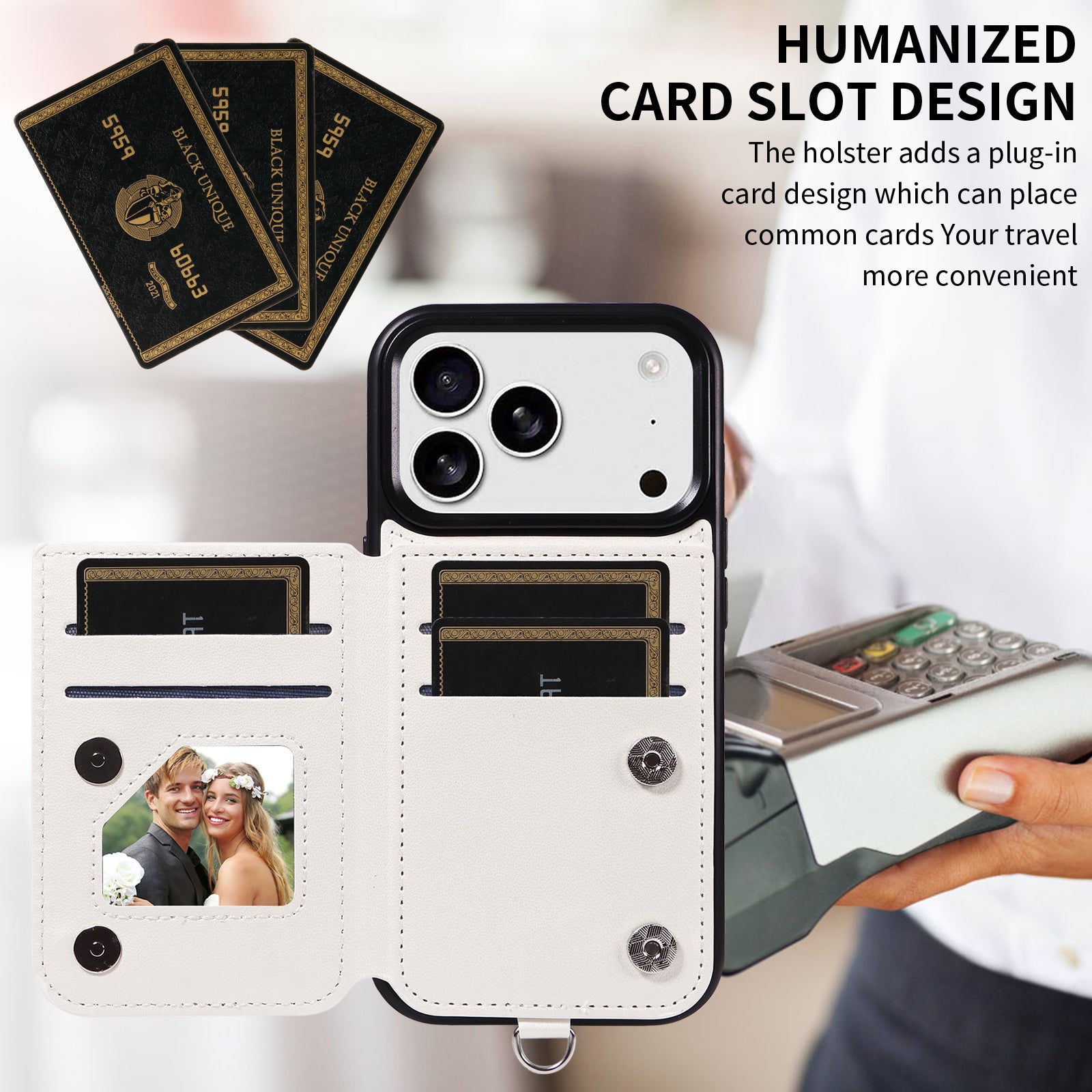 Étui pour iPhone 17 Pro avec pochette porte-cartes, support intégré, coque en TPU revêtue de cuir et dragonne