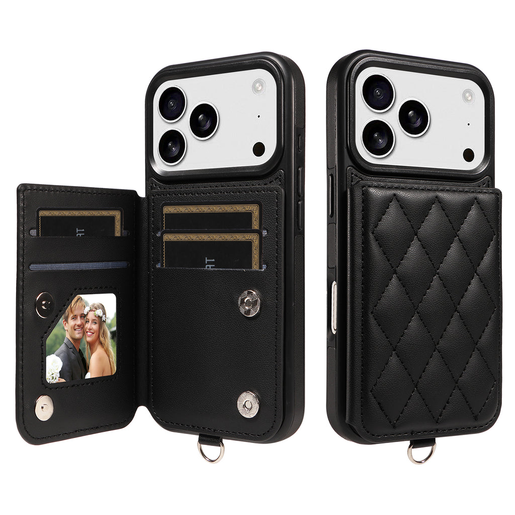 Funda para iPhone 17 Pro con tarjetero, soporte, revestimiento de piel, TPU y correa de muñeca.