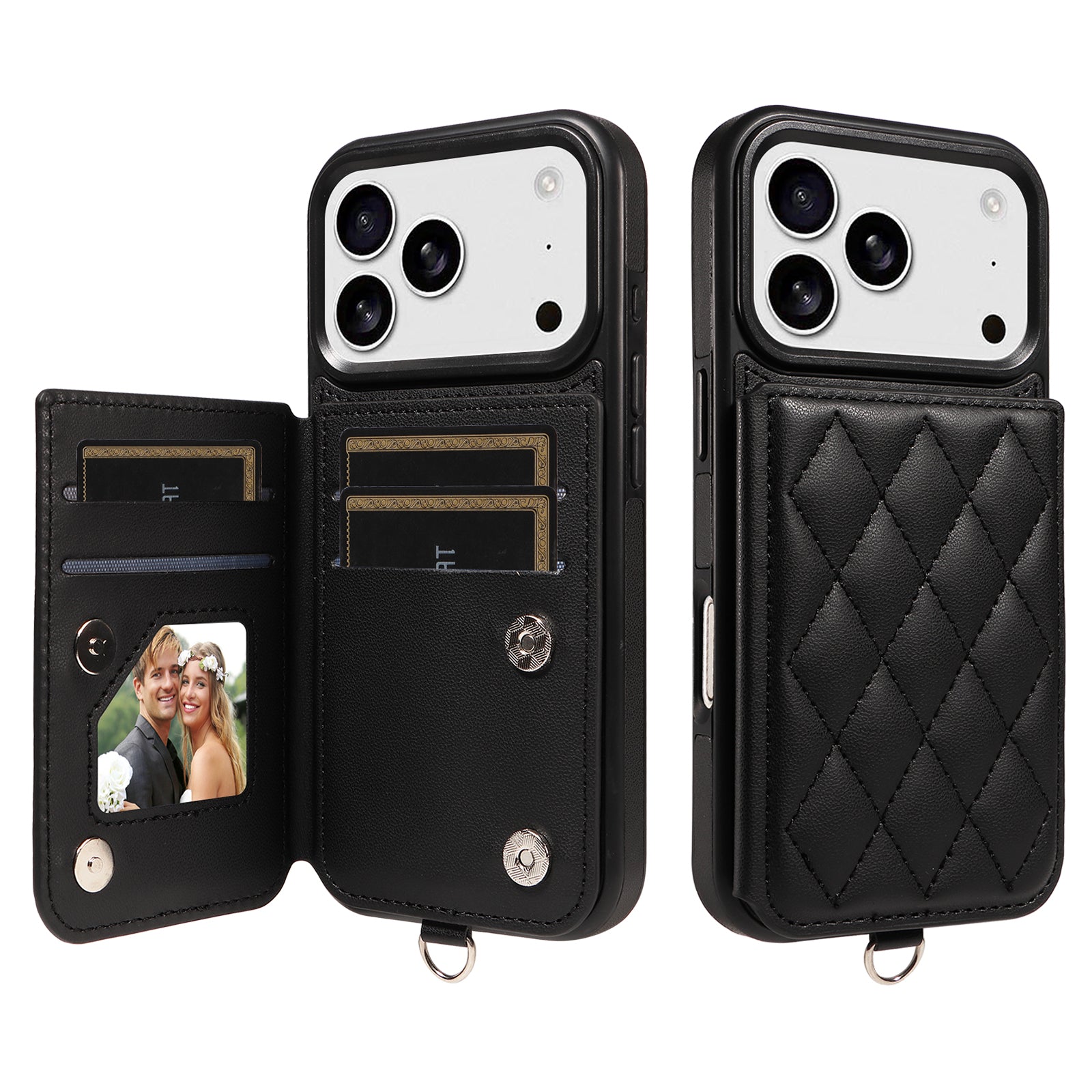 Étui pour iPhone 17 Pro avec pochette porte-cartes, support intégré, coque en TPU revêtue de cuir et dragonne