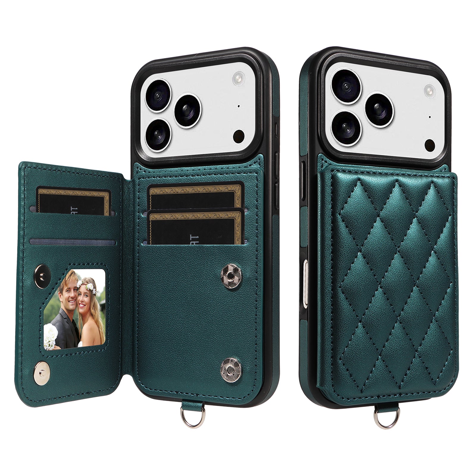 Étui pour iPhone 17 Pro avec pochette porte-cartes, support intégré, coque en TPU revêtue de cuir et dragonne