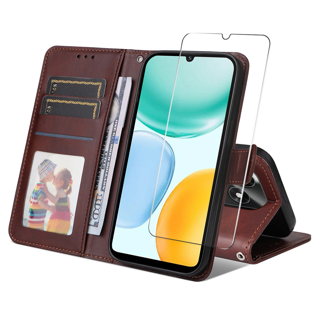 Funda tipo cartera de piel sintética para Honor X5c Plus 4G ENKAY HAT PRINCE con soporte para teléfono y cristal templado