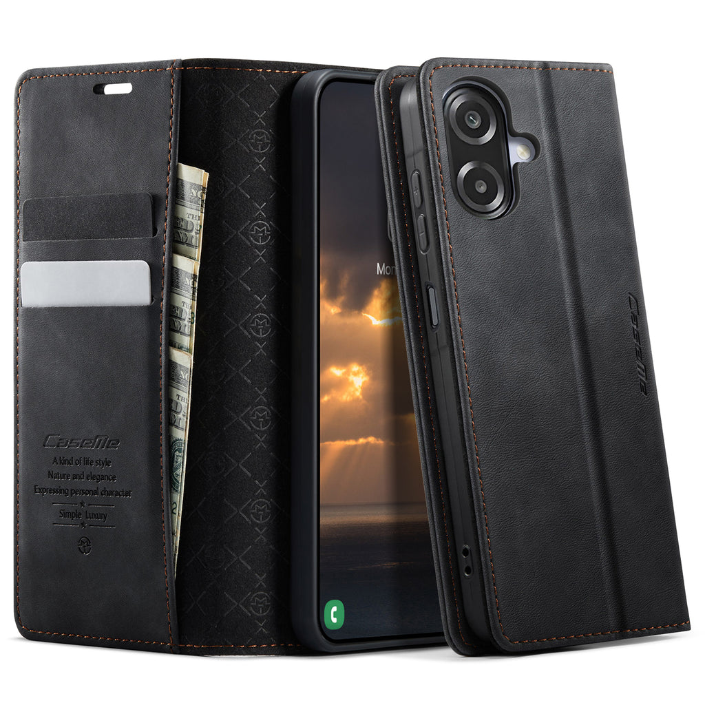 Funda tipo cartera con soporte y bloqueo RFID para Samsung Galaxy A06 4G / Galaxy A06 5G / Galaxy A07 4G. Fabricada en piel texturizada de becerro.