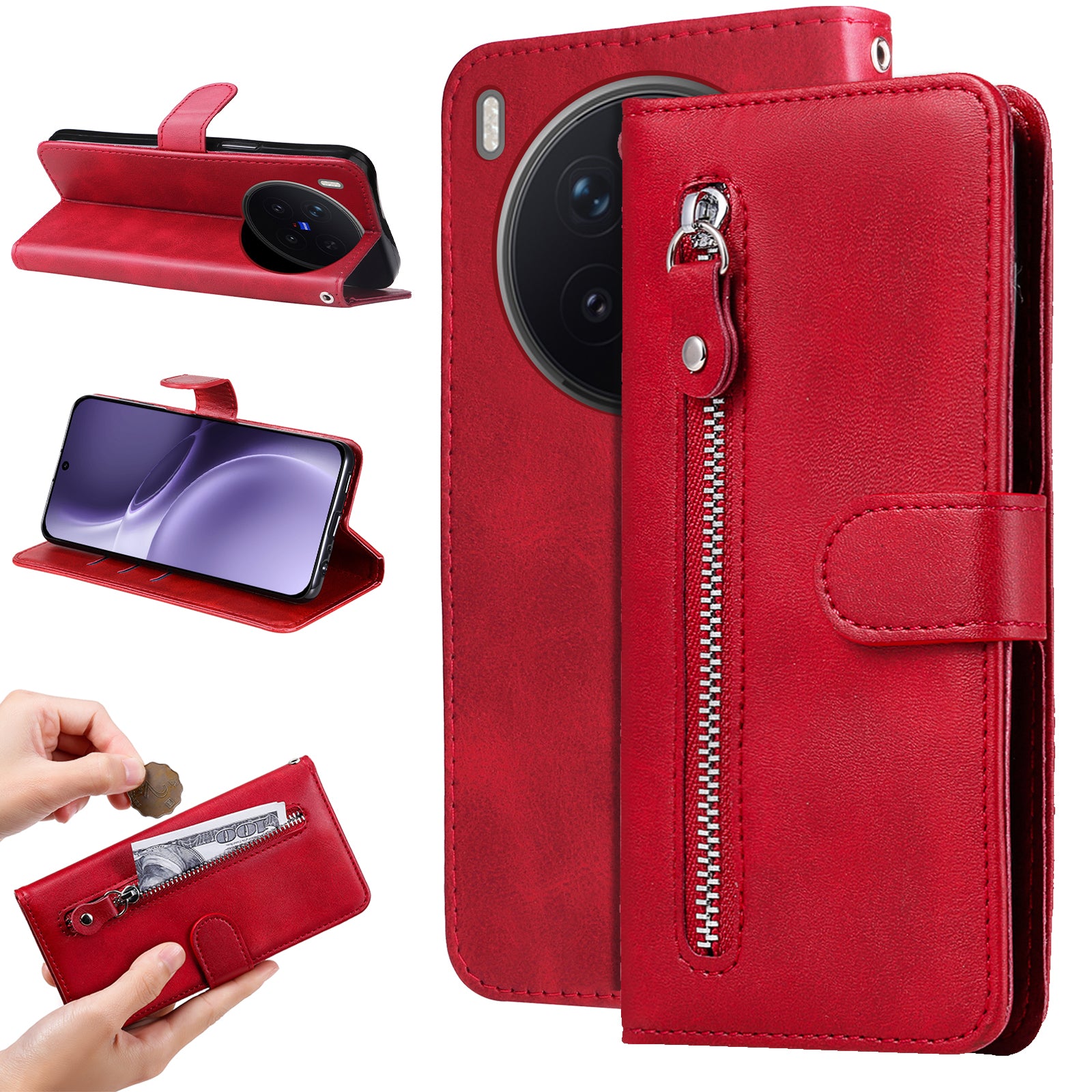 For vivo X300 Pro 5G PU Leather Cases with Zipper Pocket Wallet Phone Cover Stand