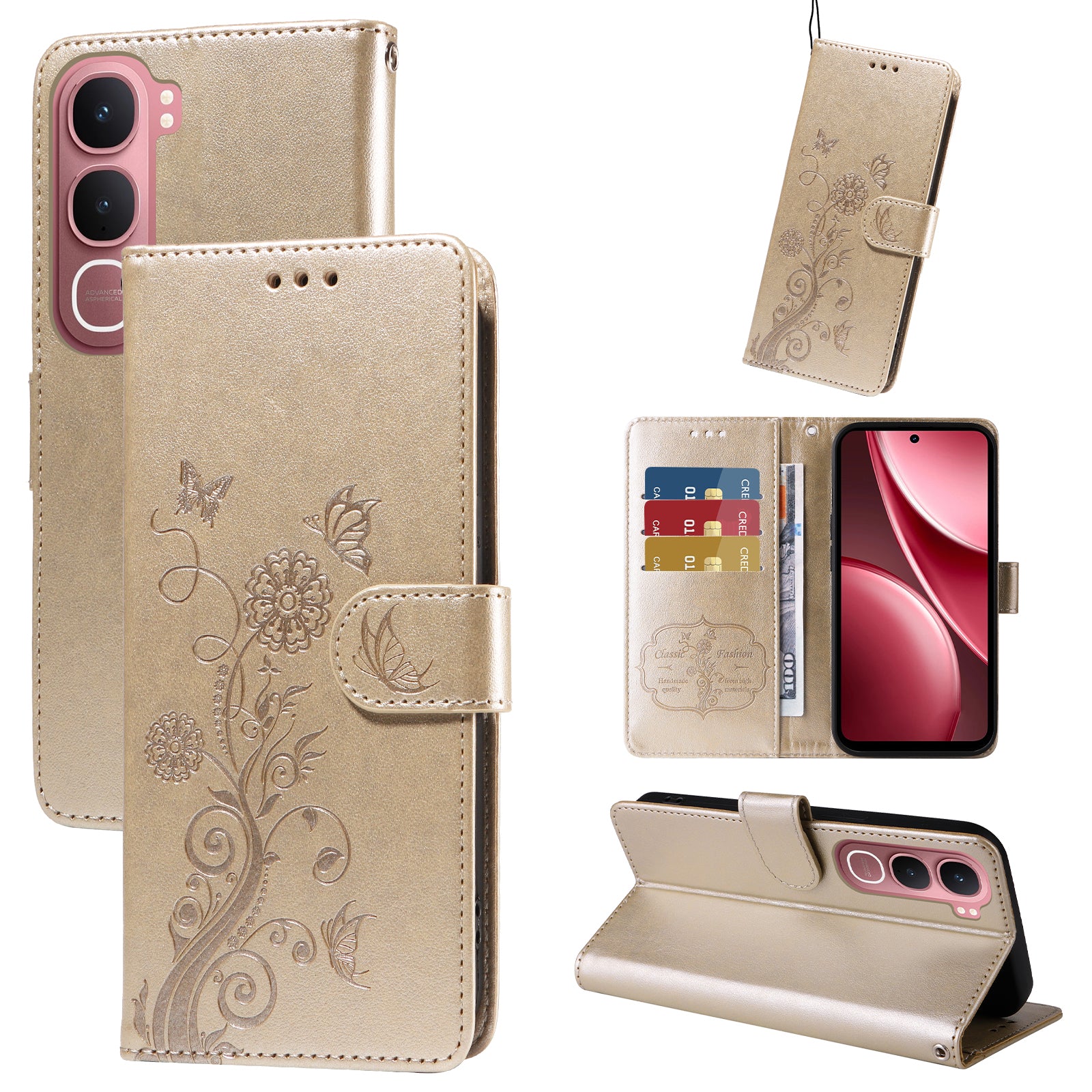 For vivo Y21d / vivo Y31 5G Leather Case Butterfly Floral Imprint Wallet Stand Cover