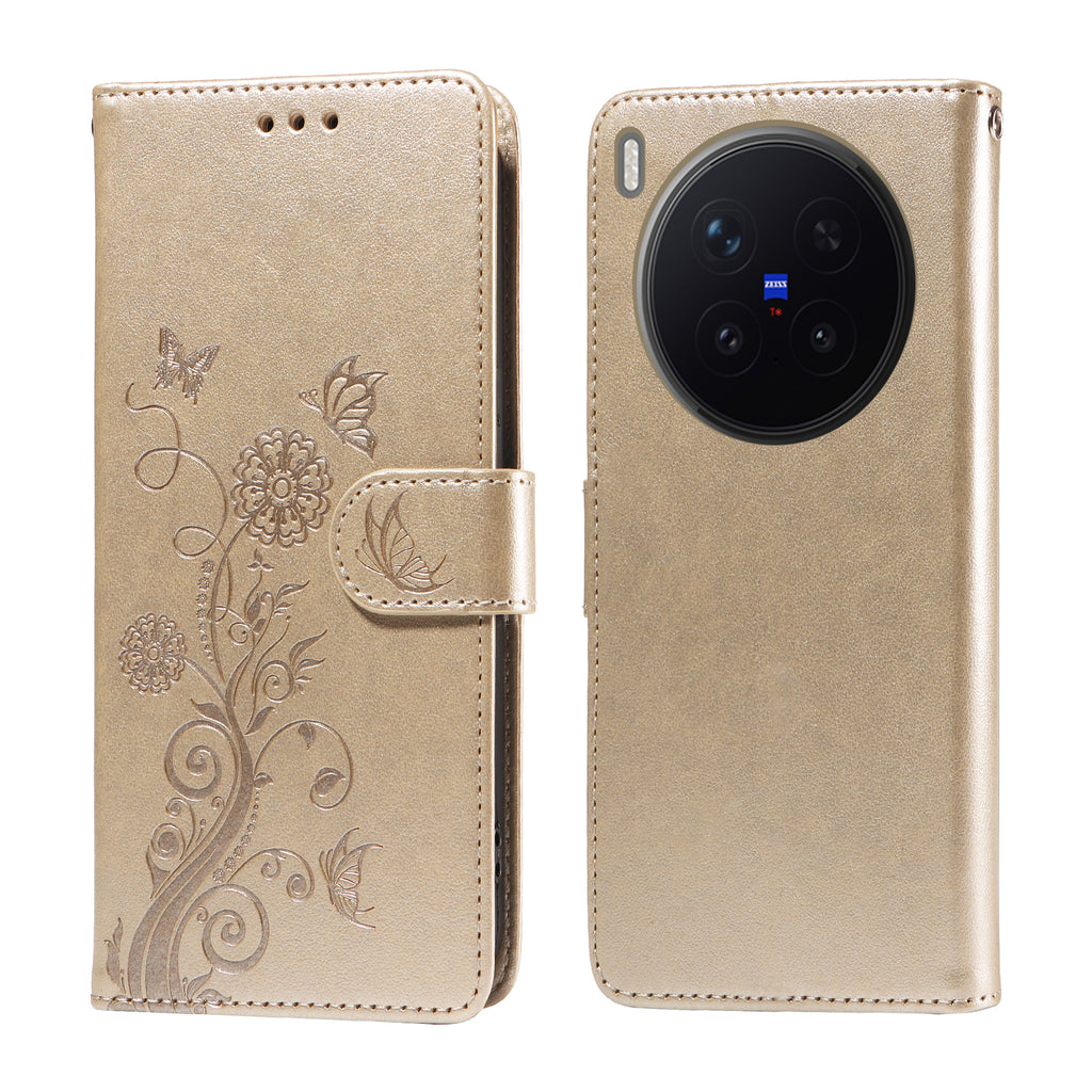 For vivo X300 Pro 5G Leather Case Butterfly Floral Imprint Wallet Stand Cover