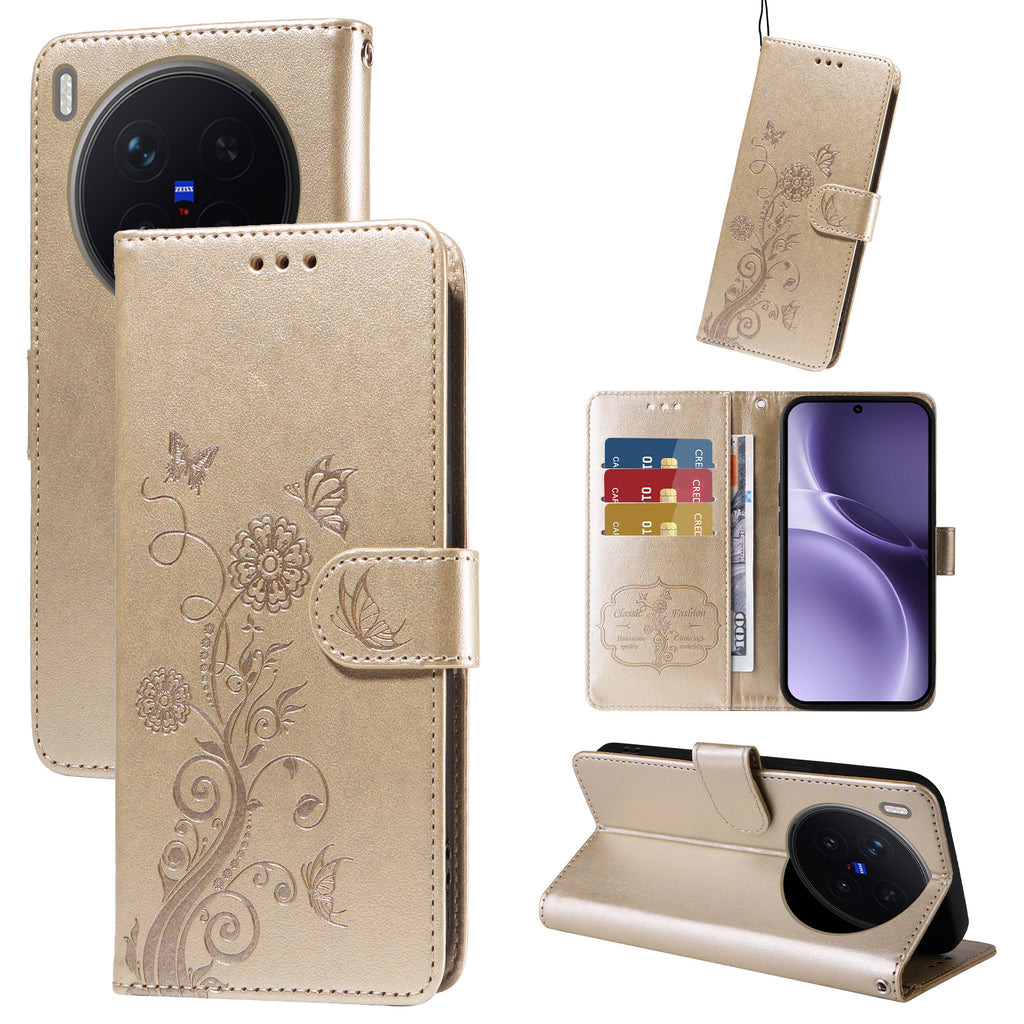 For vivo X300 Pro 5G Leather Case Butterfly Floral Imprint Wallet Stand Cover