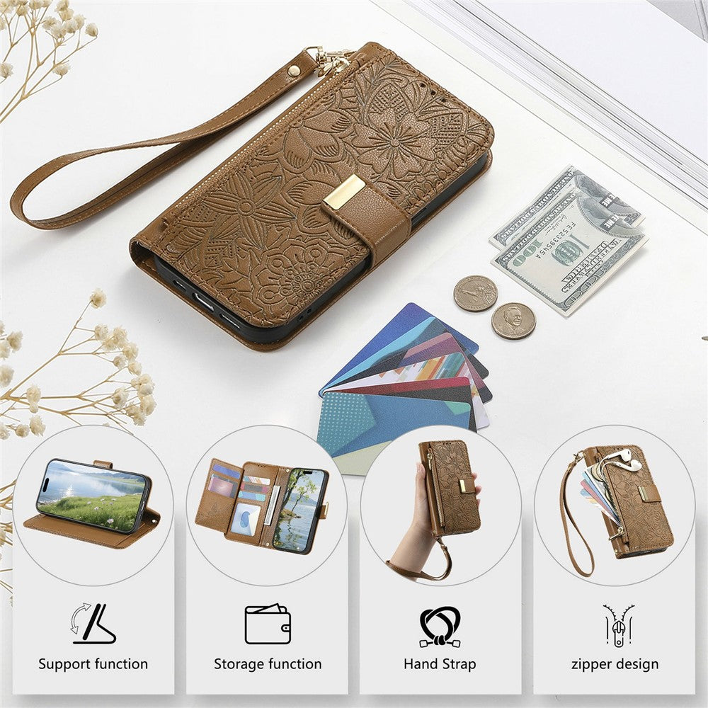 For Xiaomi 15T Pro Case Floral Leaf Pattern Multi Card Slots Zipper Leather Phone Cover with Wrist Strap