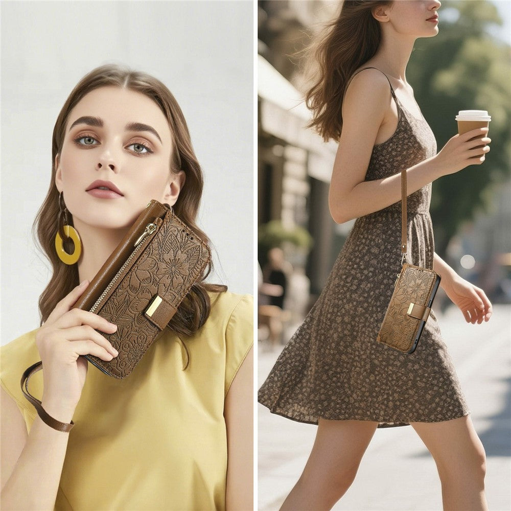 For Xiaomi 15T Pro Case Floral Leaf Pattern Multi Card Slots Zipper Leather Phone Cover with Wrist Strap