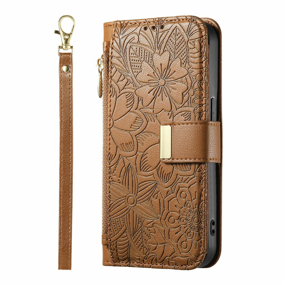 For Xiaomi 15T Pro Case Floral Leaf Pattern Multi Card Slots Zipper Leather Phone Cover with Wrist Strap