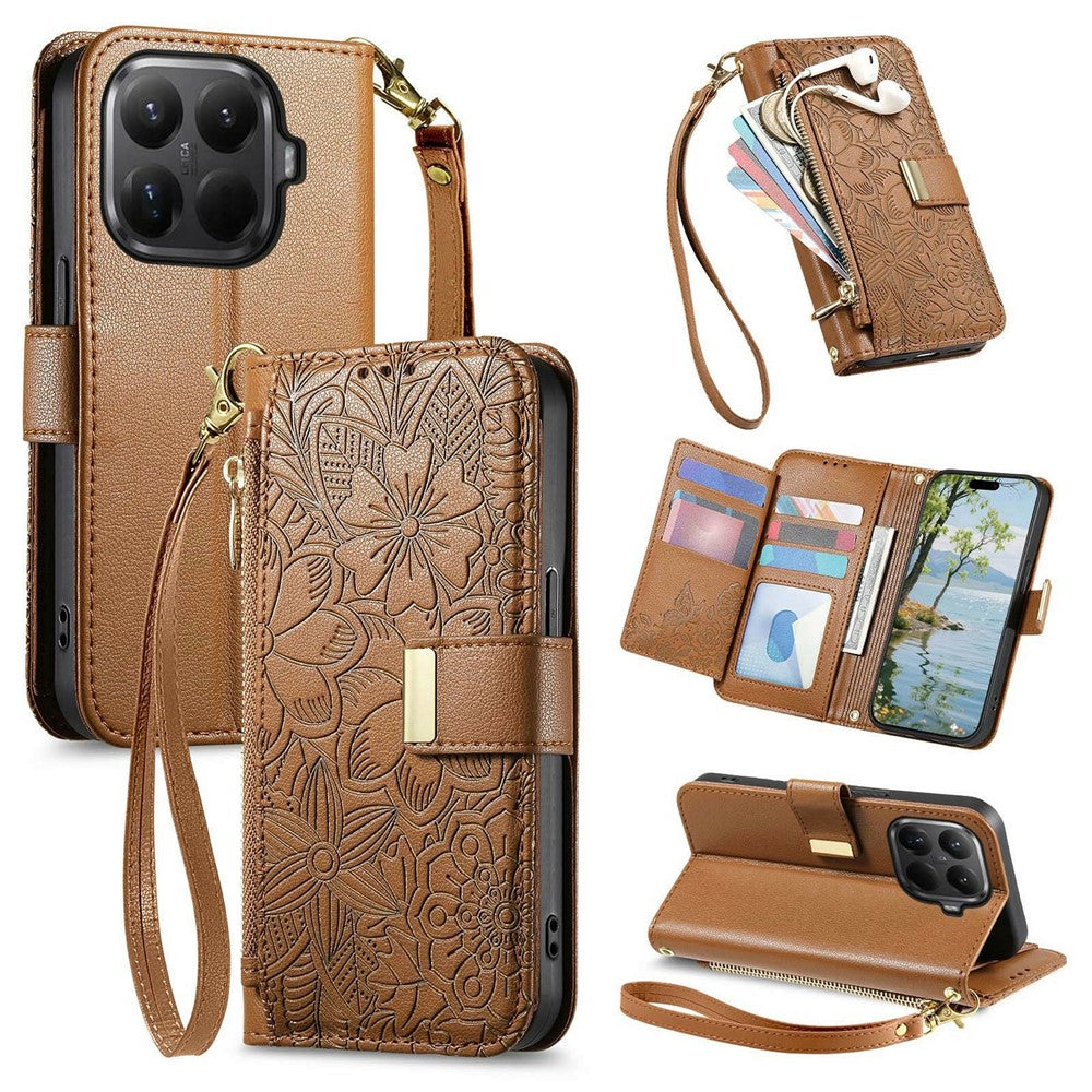 For Xiaomi 15T Pro Case Floral Leaf Pattern Multi Card Slots Zipper Leather Phone Cover with Wrist Strap