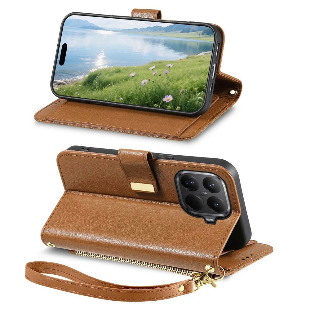 For Xiaomi 15T Pro Case Floral Leaf Pattern Multi Card Slots Zipper Leather Phone Cover with Wrist Strap