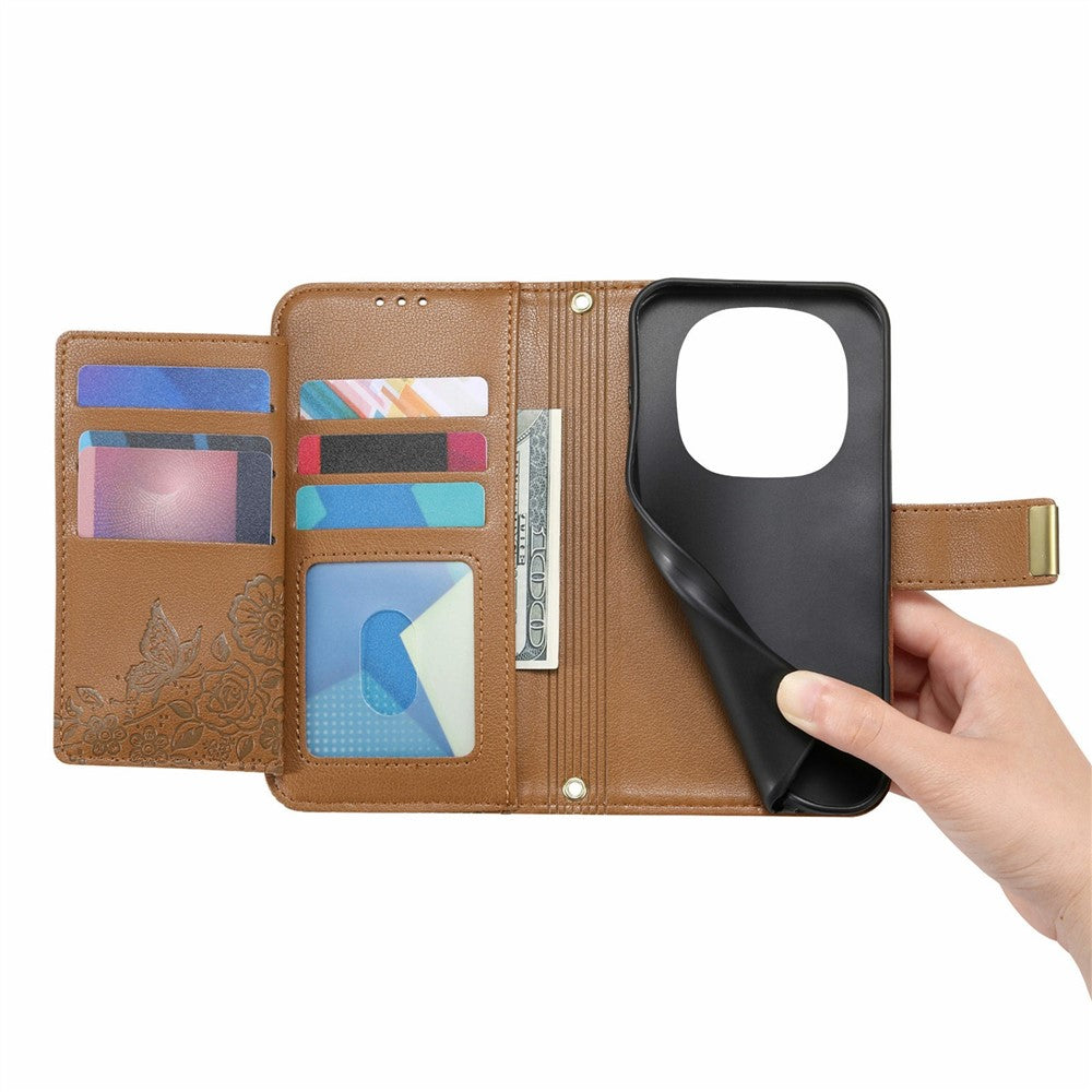 For Xiaomi 15T Pro Case Floral Leaf Pattern Multi Card Slots Zipper Leather Phone Cover with Wrist Strap