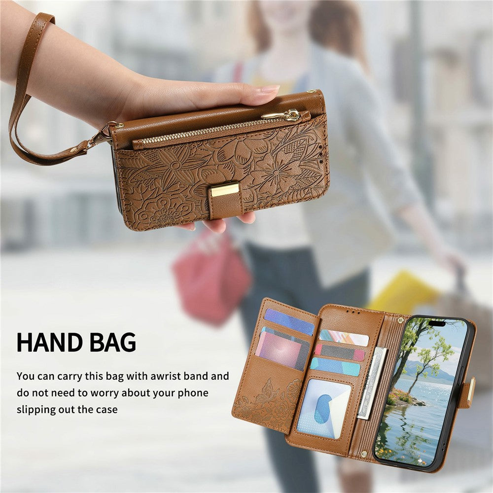 For Xiaomi 15T Pro Case Floral Leaf Pattern Multi Card Slots Zipper Leather Phone Cover with Wrist Strap