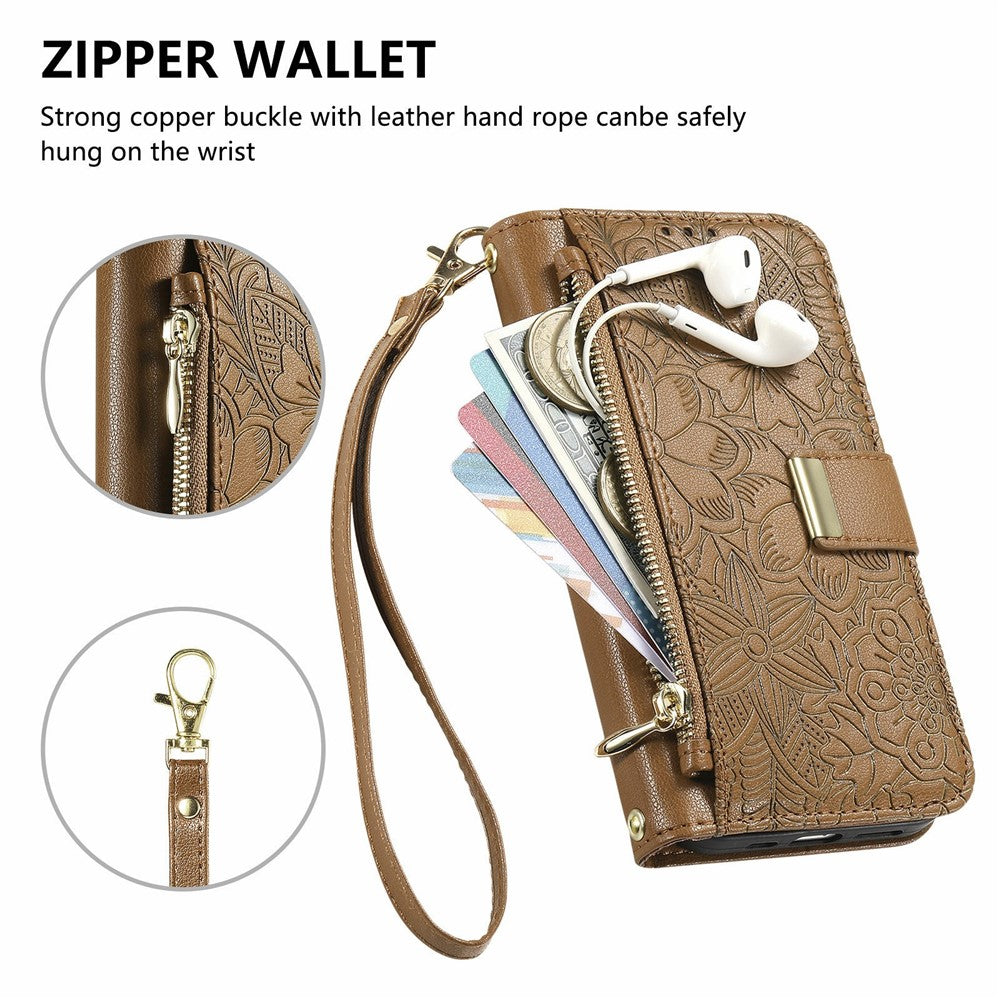 For Xiaomi 15T Pro Case Floral Leaf Pattern Multi Card Slots Zipper Leather Phone Cover with Wrist Strap