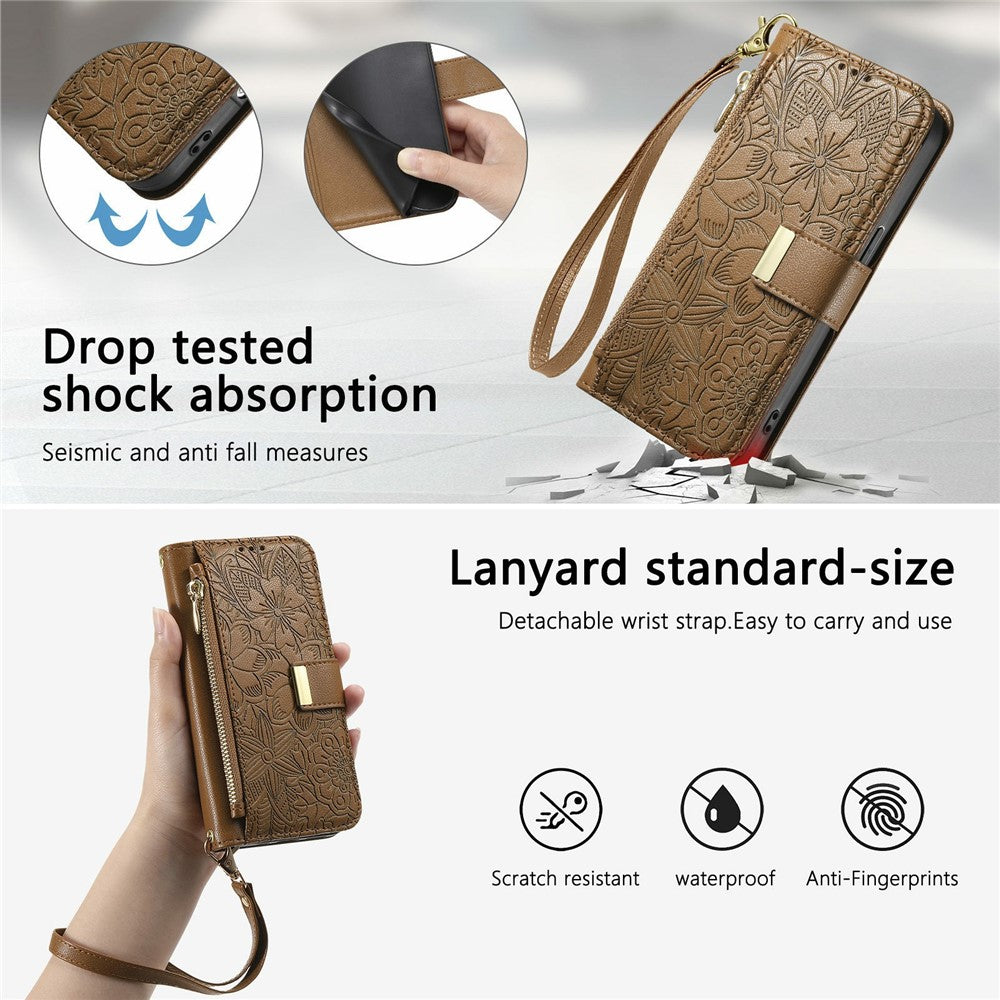 For Xiaomi 15T Pro Case Floral Leaf Pattern Multi Card Slots Zipper Leather Phone Cover with Wrist Strap