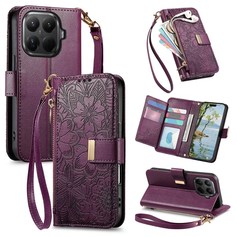 Funda de piel con estampado floral y hojas para Xiaomi 15T Pro, múltiples ranuras para tarjetas, cremallera y correa de muñeca.