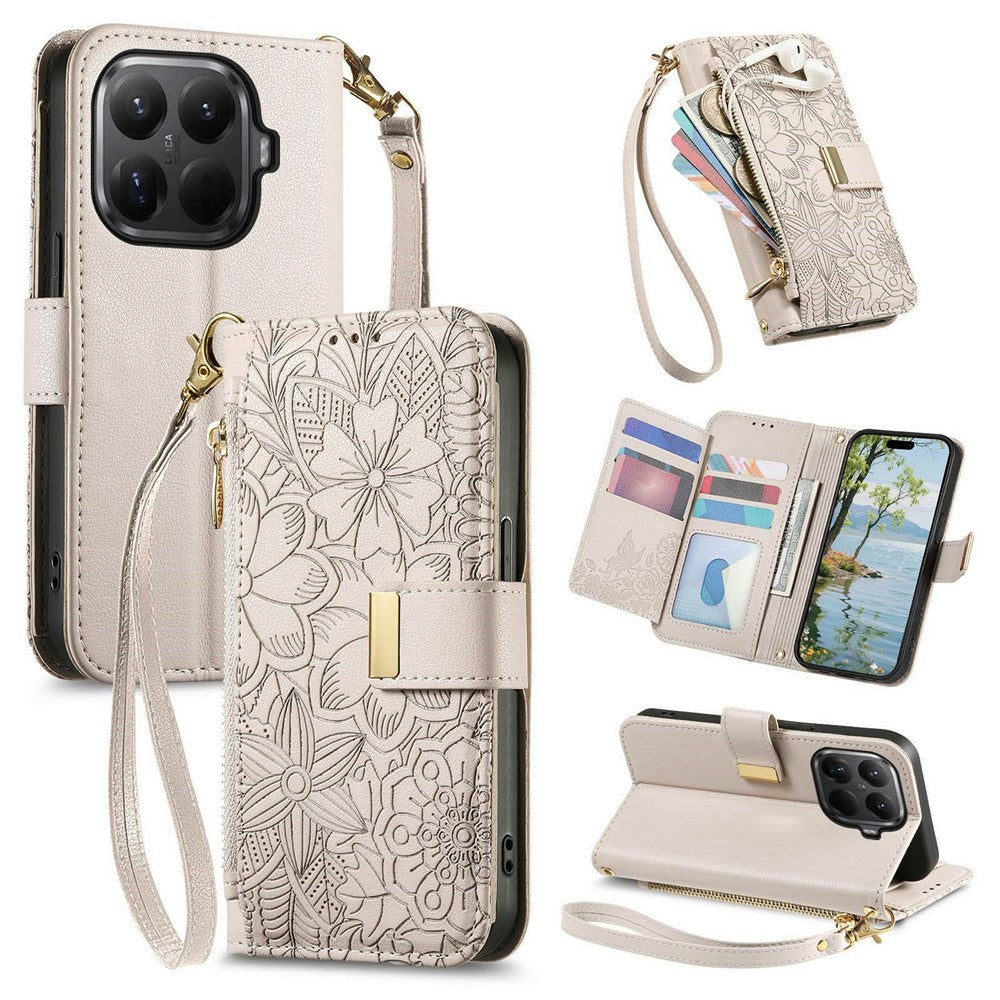 For Xiaomi 15T Pro Case Floral Leaf Pattern Multi Card Slots Zipper Leather Phone Cover with Wrist Strap