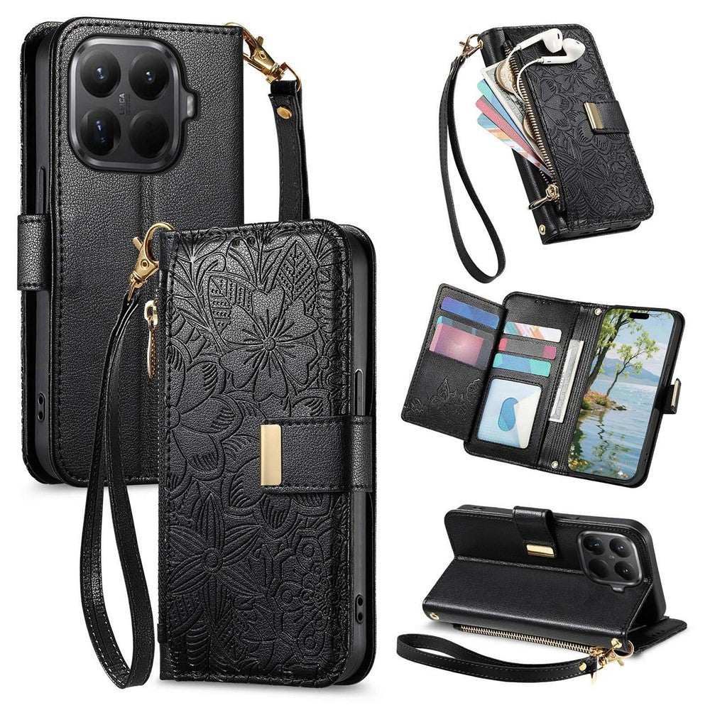 For Xiaomi 15T Pro Case Floral Leaf Pattern Multi Card Slots Zipper Leather Phone Cover with Wrist Strap