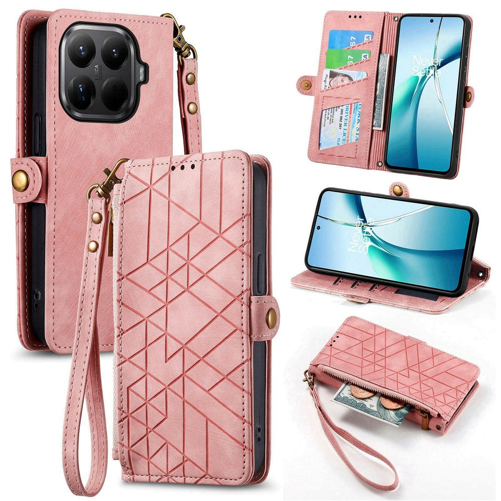 For Xiaomi 15T Pro Case Zipper Wallet Geometry Lines Leather Phone Cover with Strap