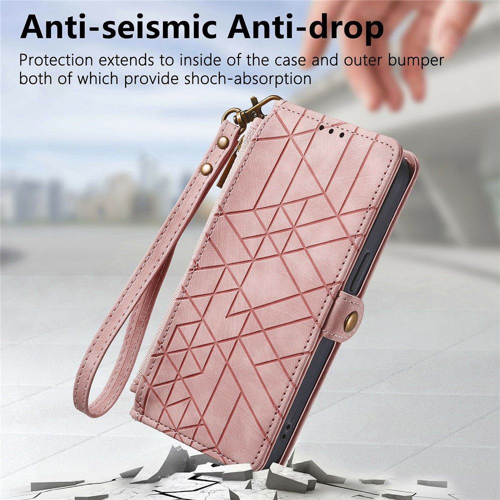 For Xiaomi 15T Pro Case Zipper Wallet Geometry Lines Leather Phone Cover with Strap