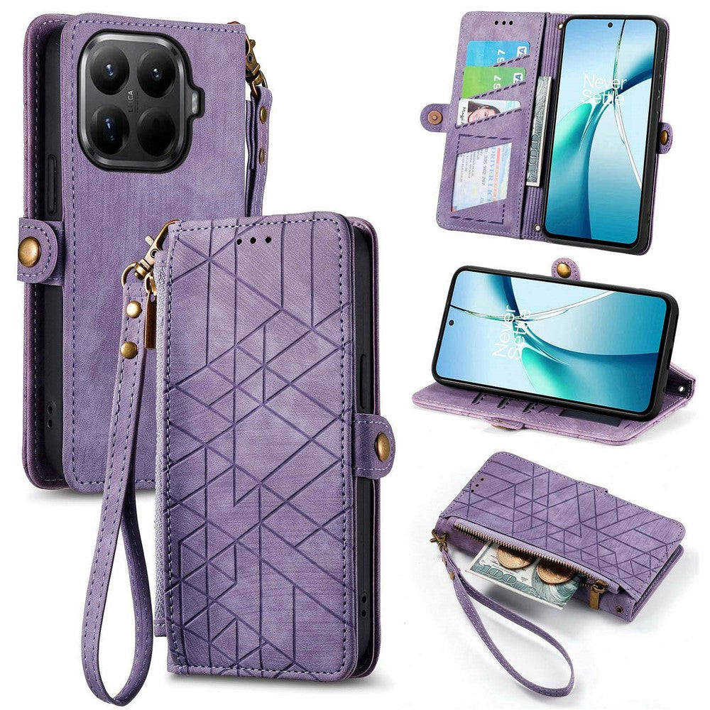For Xiaomi 15T Pro Case Zipper Wallet Geometry Lines Leather Phone Cover with Strap