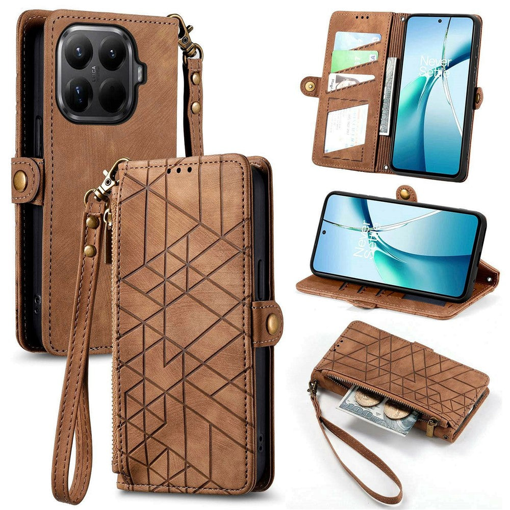 For Xiaomi 15T Pro Case Zipper Wallet Geometry Lines Leather Phone Cover with Strap