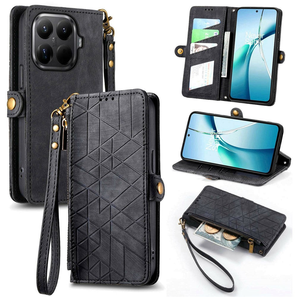 For Xiaomi 15T Pro Case Zipper Wallet Geometry Lines Leather Phone Cover with Strap