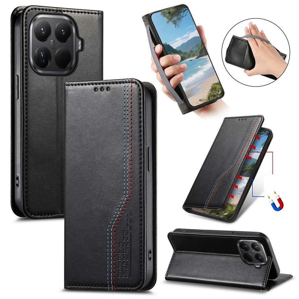 For Xiaomi 15T Pro Case Wallet Tri-Color Stitching Leather Phone Cover with Elastic Wristband