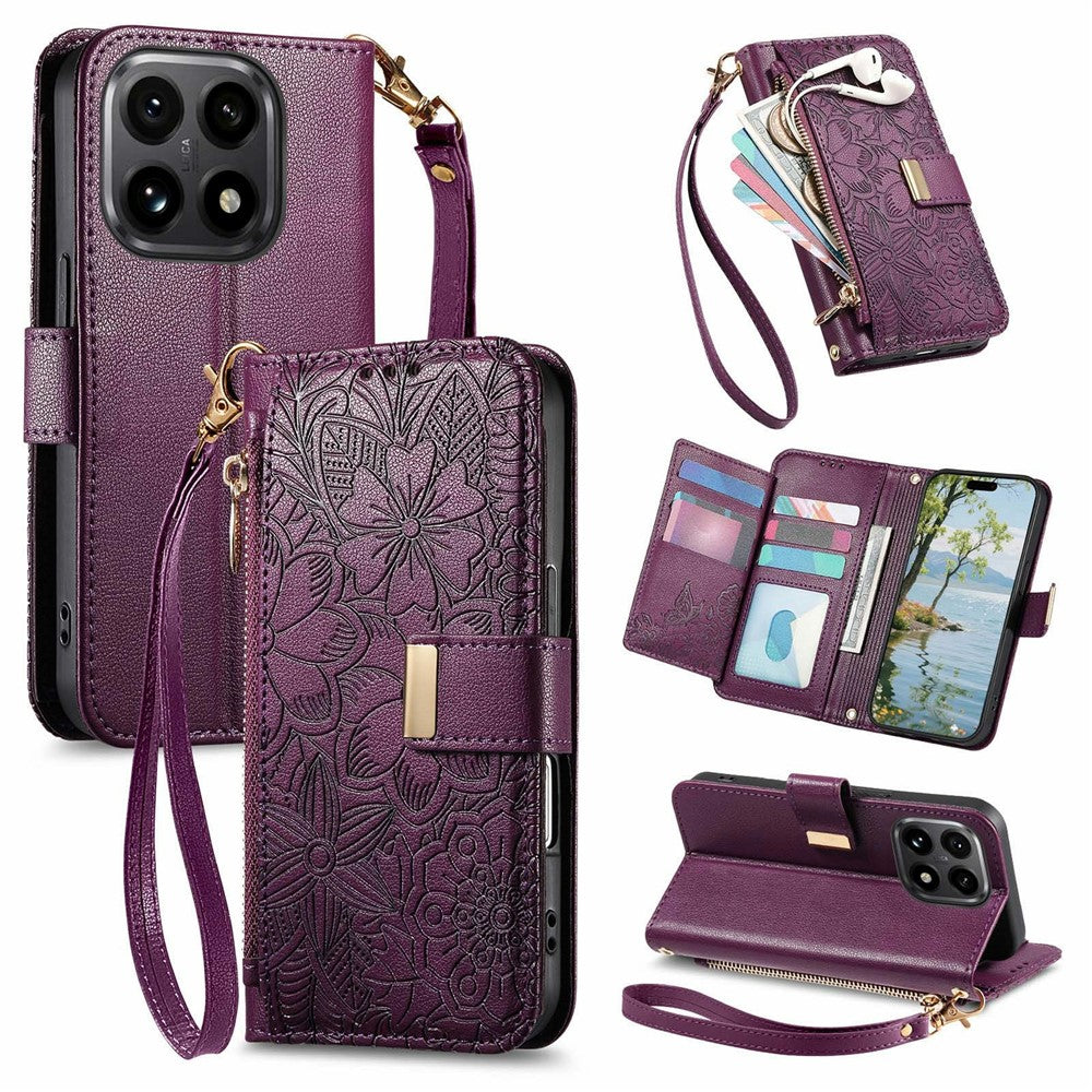 Funda de piel con estampado floral y hojas para Xiaomi 15T, múltiples ranuras para tarjetas, cremallera y correa de muñeca.