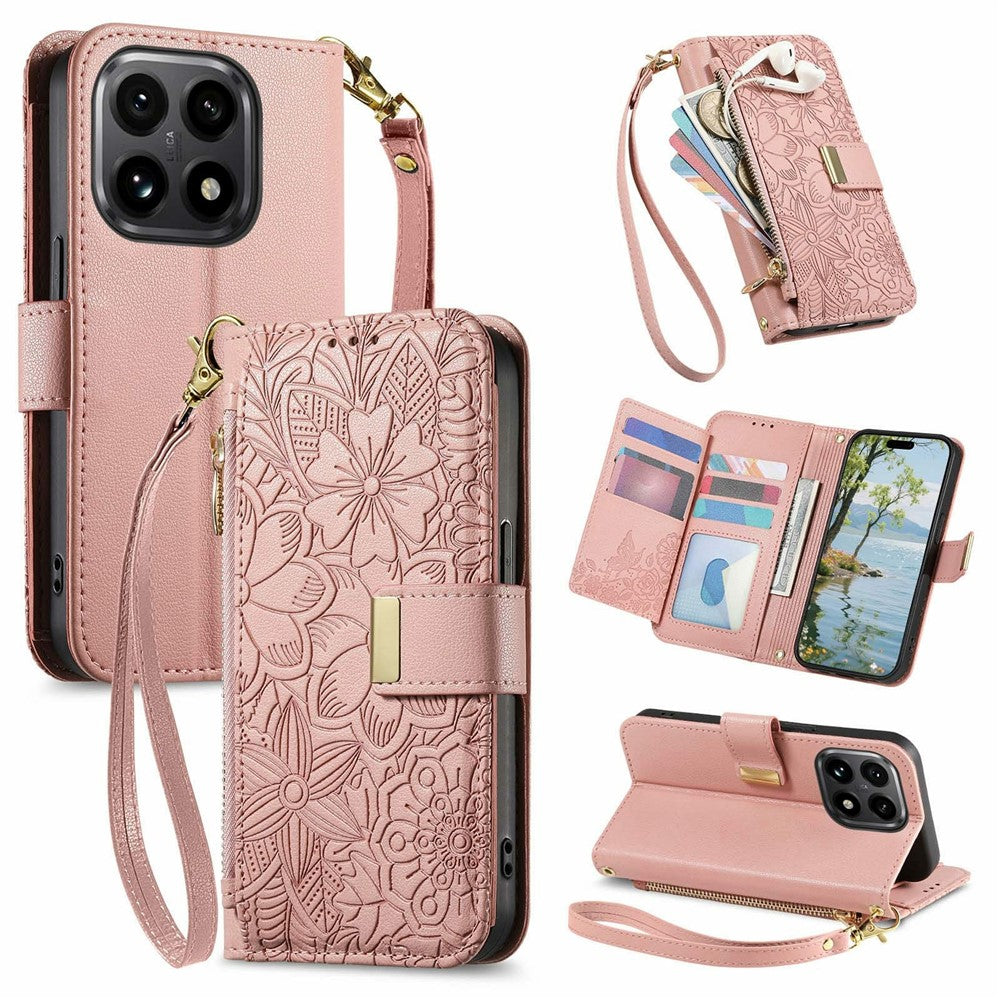For Xiaomi 15T Case Floral Leaf Pattern Multi Card Slots Zipper Leather Phone Cover with Wrist Strap