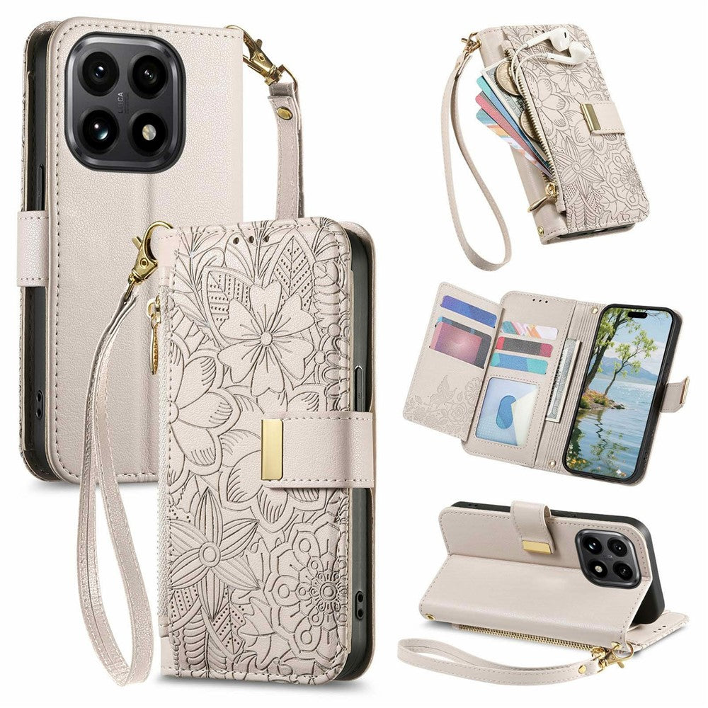 For Xiaomi 15T Case Floral Leaf Pattern Multi Card Slots Zipper Leather Phone Cover with Wrist Strap