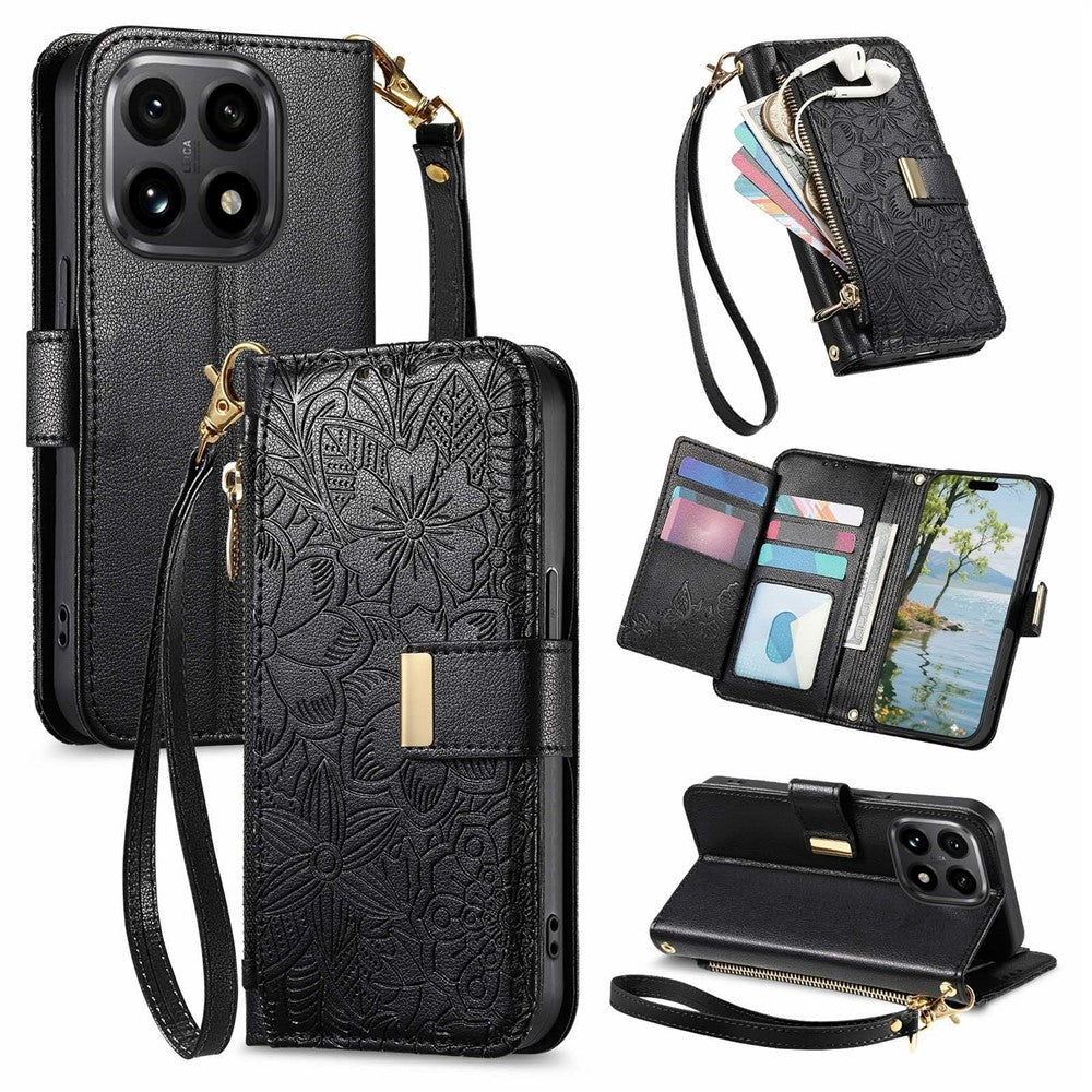 For Xiaomi 15T Case Floral Leaf Pattern Multi Card Slots Zipper Leather Phone Cover with Wrist Strap