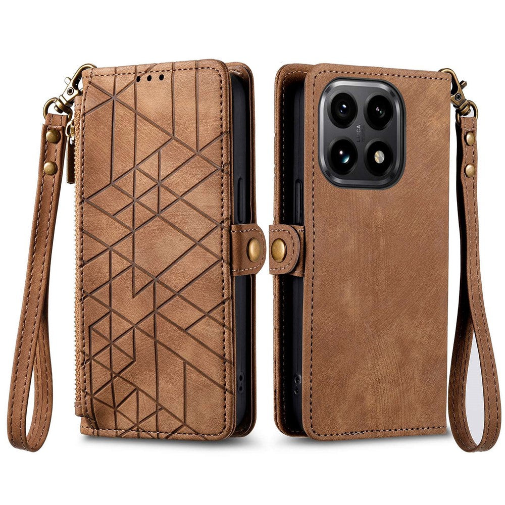 For Xiaomi 15T Case Zipper Wallet Geometry Lines Leather Phone Cover with Strap
